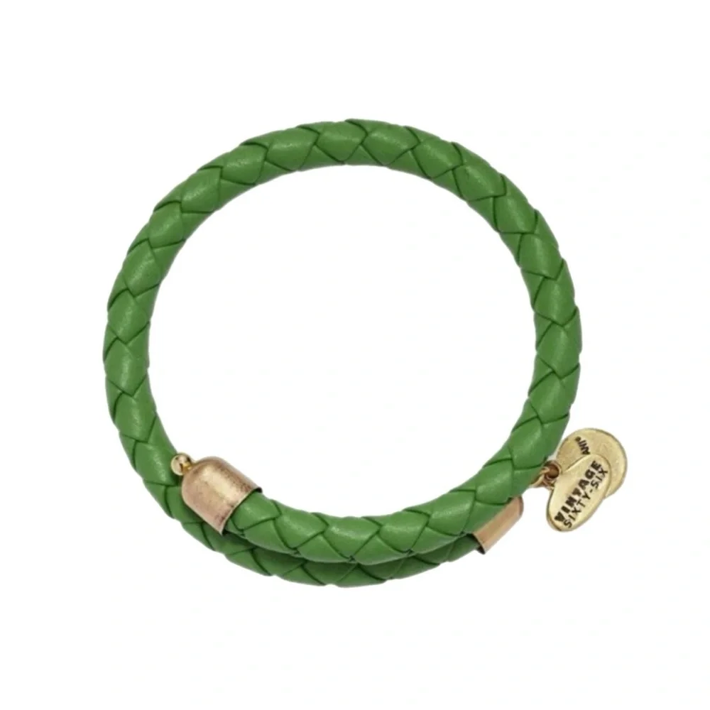 Alex & Ani Women’s Green Leather Braided Wrap Gold Tone Bracelet With Dust Bag